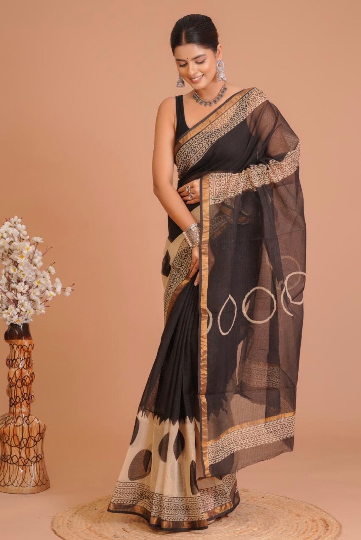 Black - Handblocked Kota Doria Saree