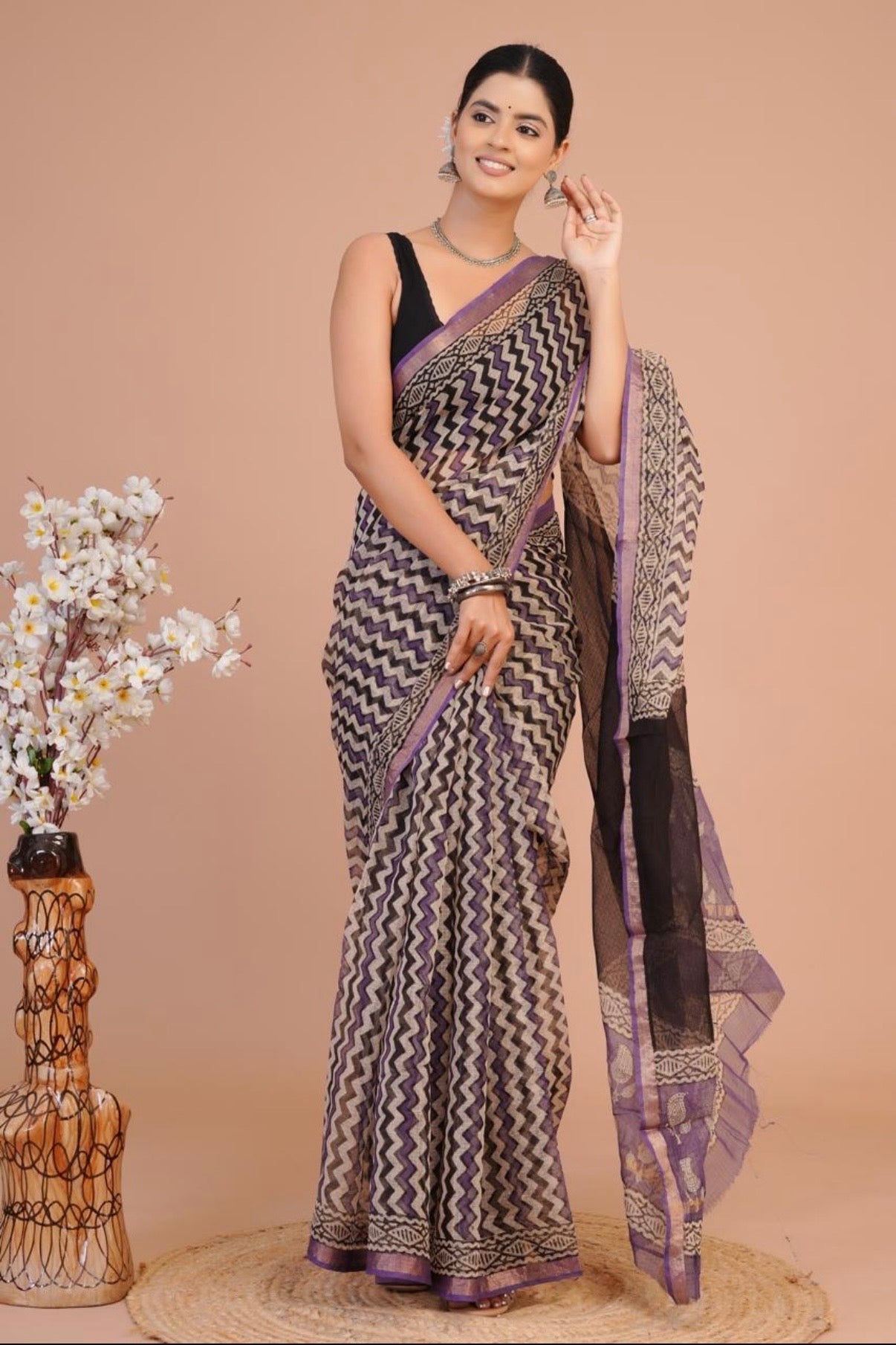 Black Zig Zag Pattern Handblocked Kota Doria Saree
