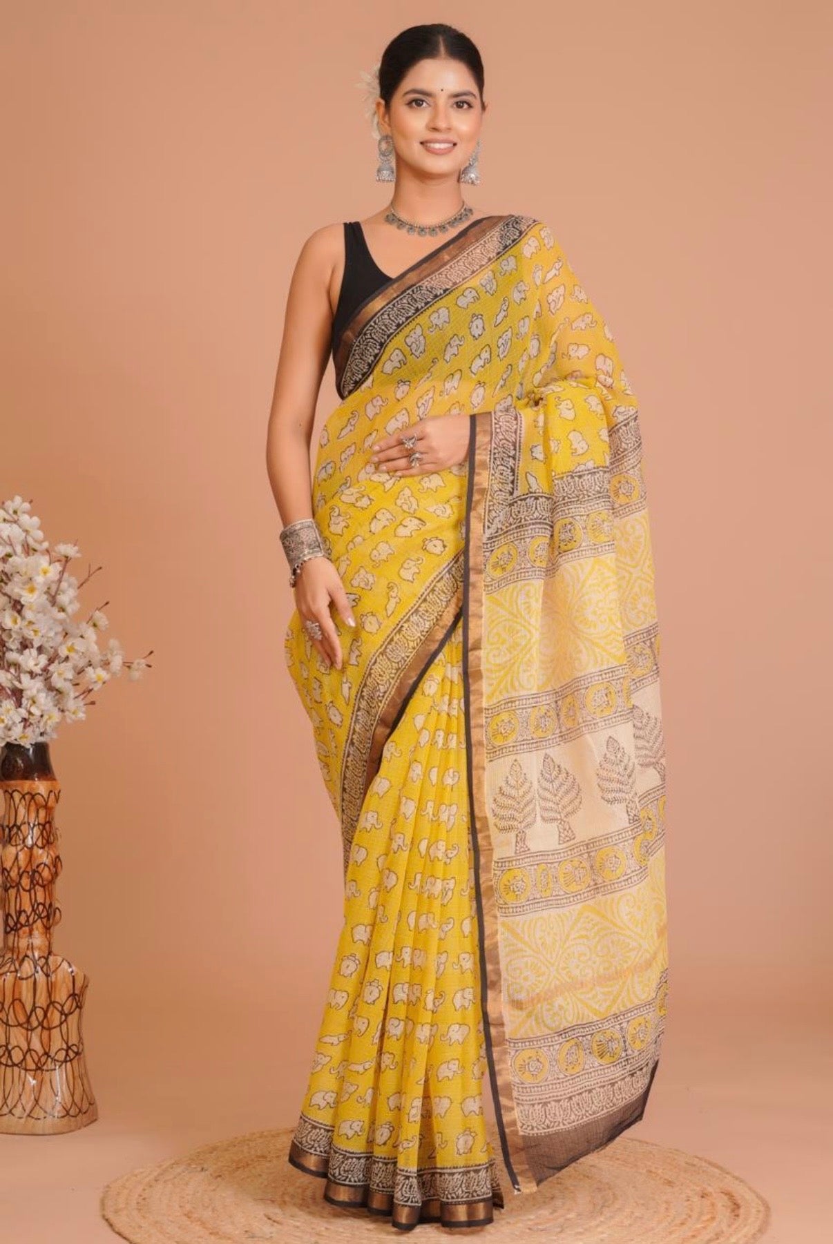 Yellow Elephant Printed Kota Doria Saree