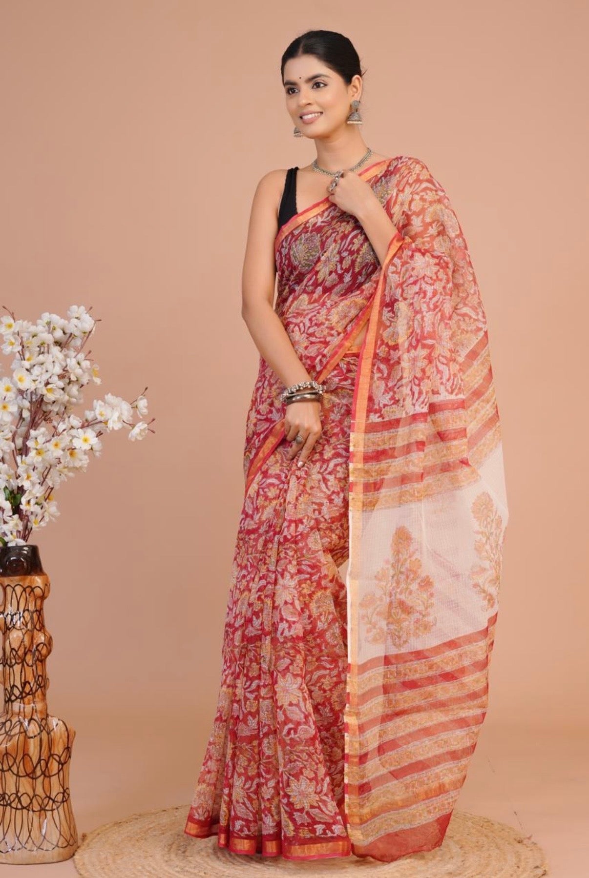 Red- Sanganeri Kota Doria Saree