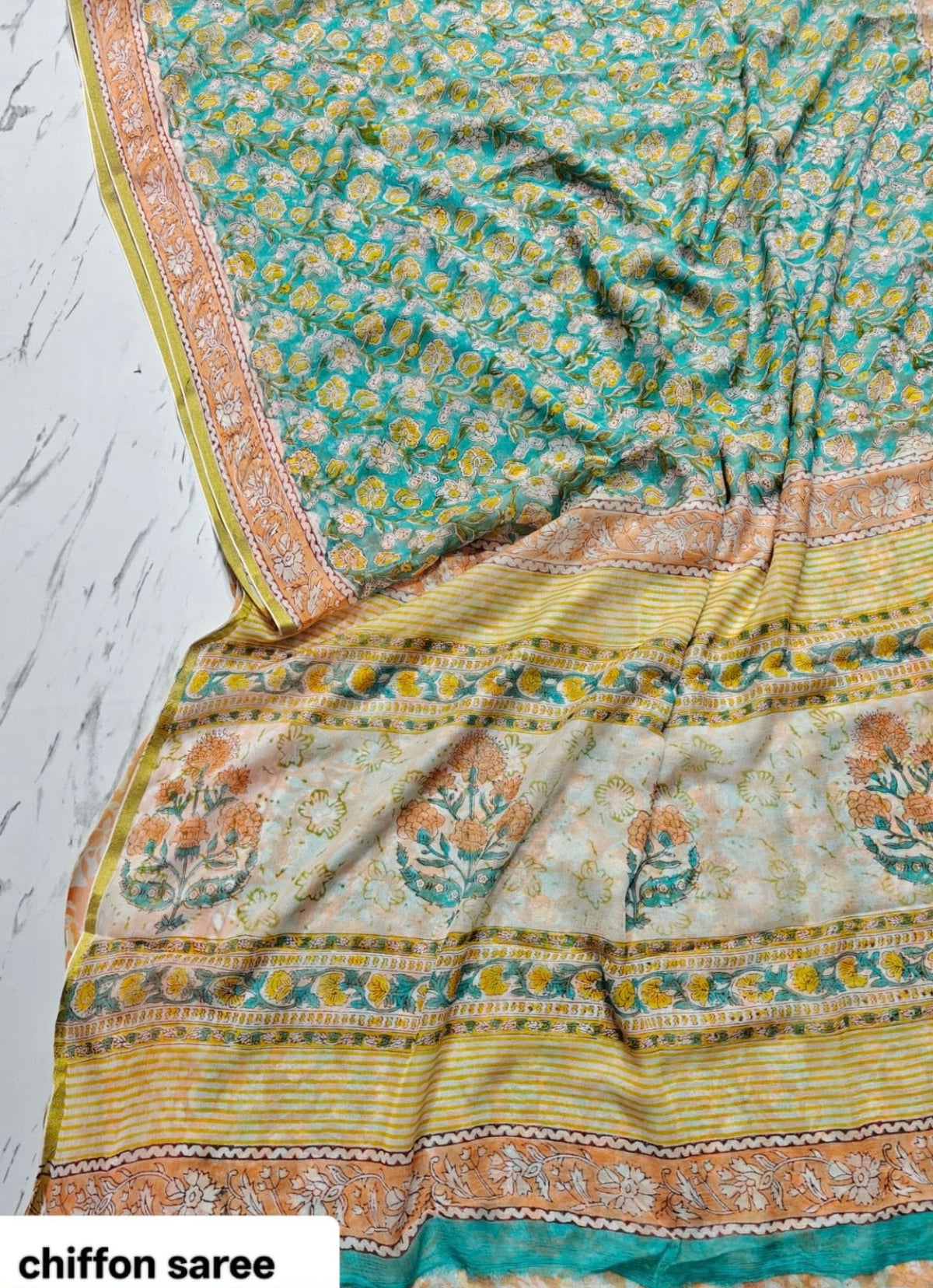 Sea Green Sanganeri Chiffon Saree