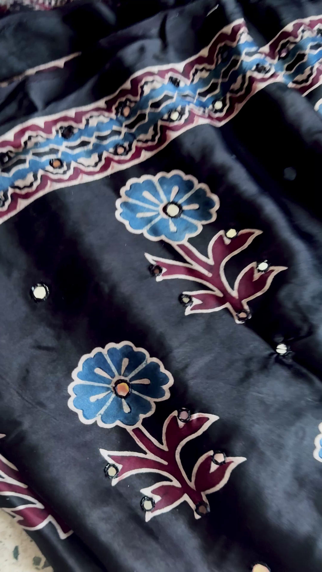 Siyah- Pure Modal Silk Handblocked Ajrakh Saree with Stitched Real Mirrors