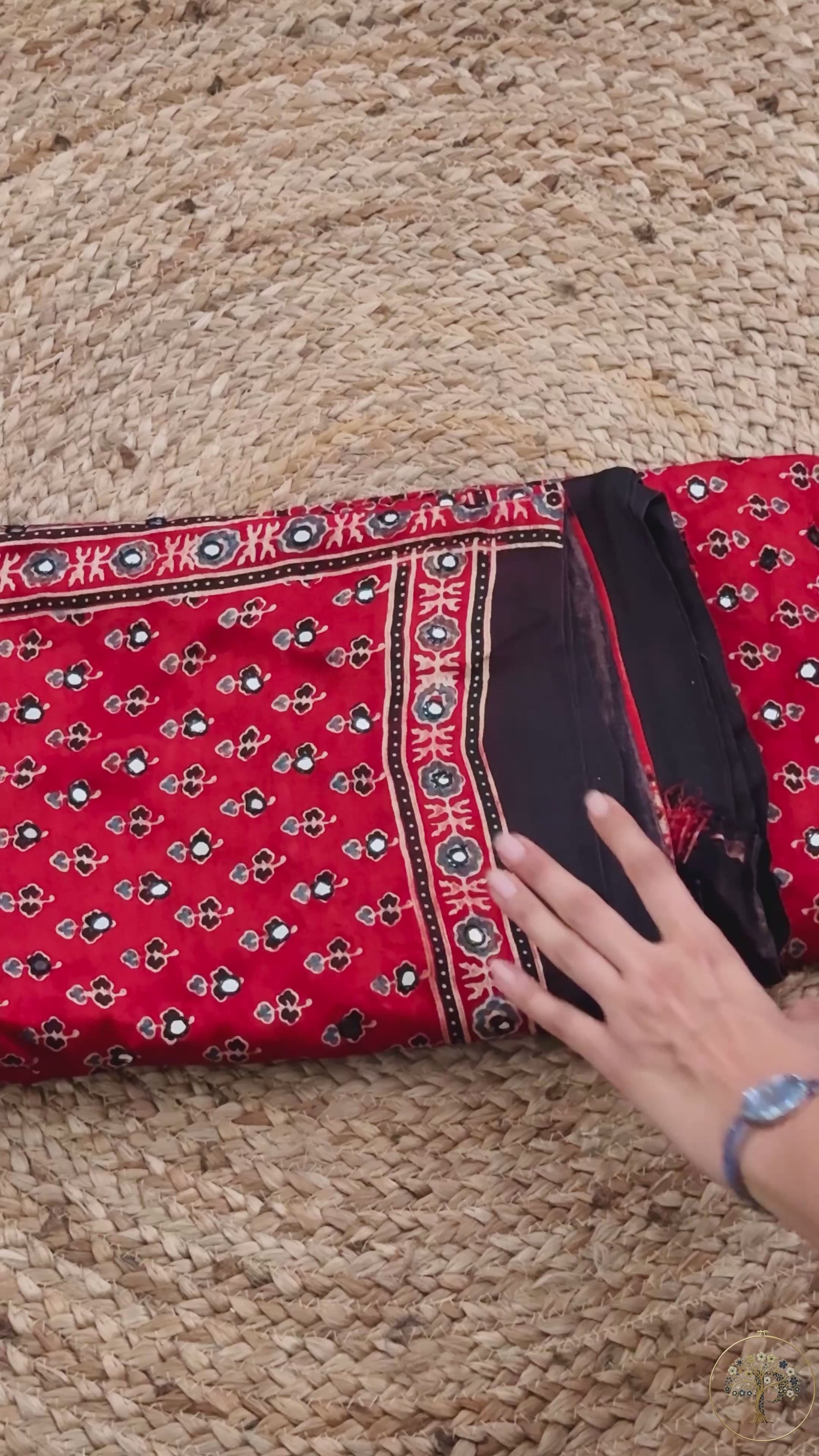 Surkh - Pure Modal Silk Handblocked Ajrakh Saree with Stitched Real Mirrors